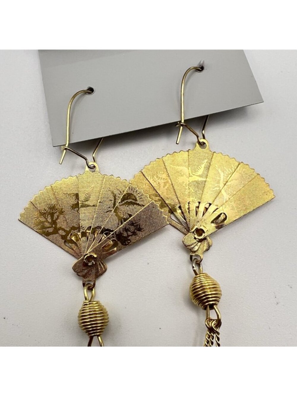 Vintage Asian Fan Tassel Earrings Gold Tone Phoenix Crane Statement Dangle 2.5" - Picture 5 of 7